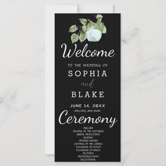 Rustikale Pflanze Blätter Black Wedding Programm (Vorderseite)