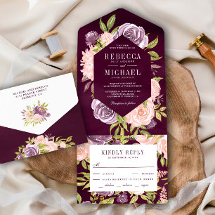 Rustikale Pflaumen-Purple und rosafarbenes Floral- All In One Einladung