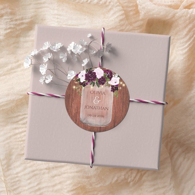 Rustikale Pflaumenmason Jar Lights Hochzeit Runder Aufkleber (Von Creator hochgeladen)