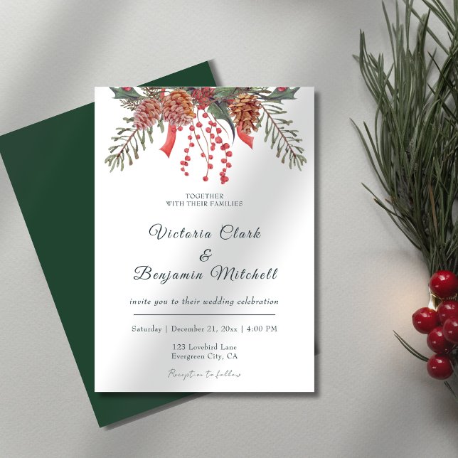 Rustikale Pine Cone Grüne Weihnachtsfeier Einladung (Rustic Pine Cone Greenery Christmas Winter Wedding Invitation)