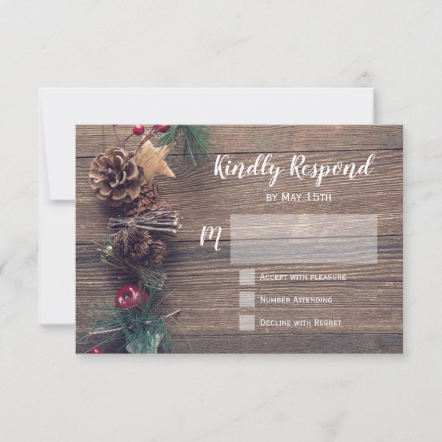 Rustikale Pine Cone Wedding RSVP Cards (Vorderseite)