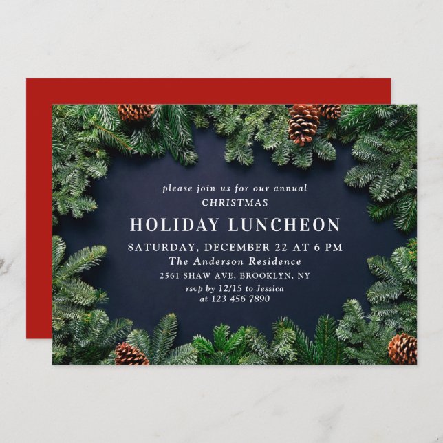 Rustikale Pine Cones Branch HOLIDAY LUNCHEON Einladung (Vorne/Hinten)