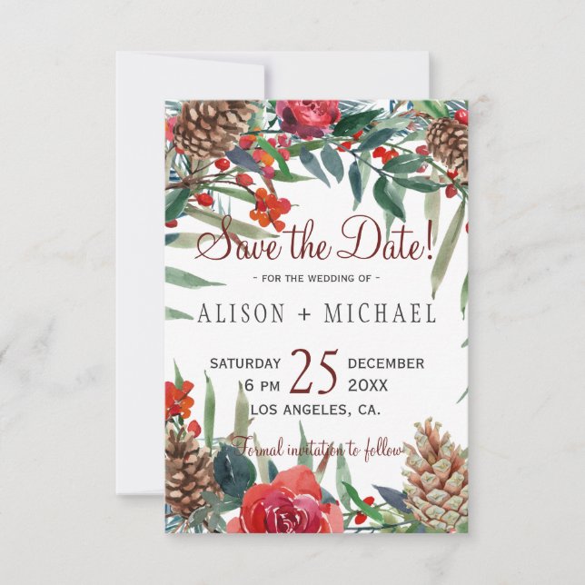 Rustikale Pine Cones Winter Floral Weihnachten Hoc Save The Date (Vorderseite)