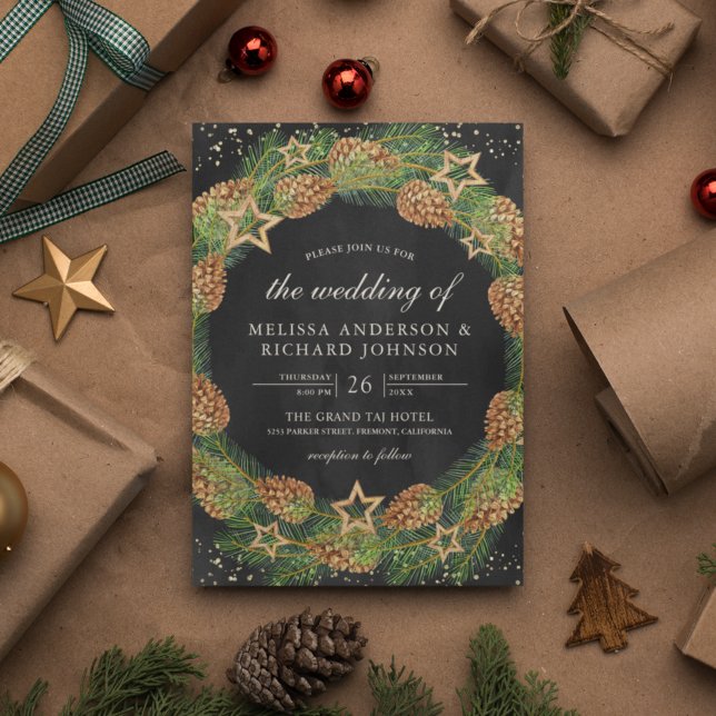 Rustikale Pine Cones Wreath Black Christmas Einladung (Von Creator hochgeladen)