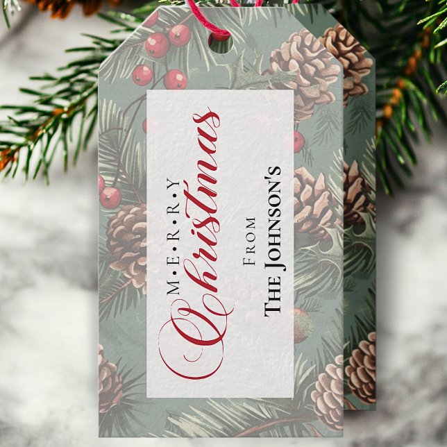 Rustikale Pine Frohe Weihnachtskalligraphie Geschenkanhänger (Von Creator hochgeladen)