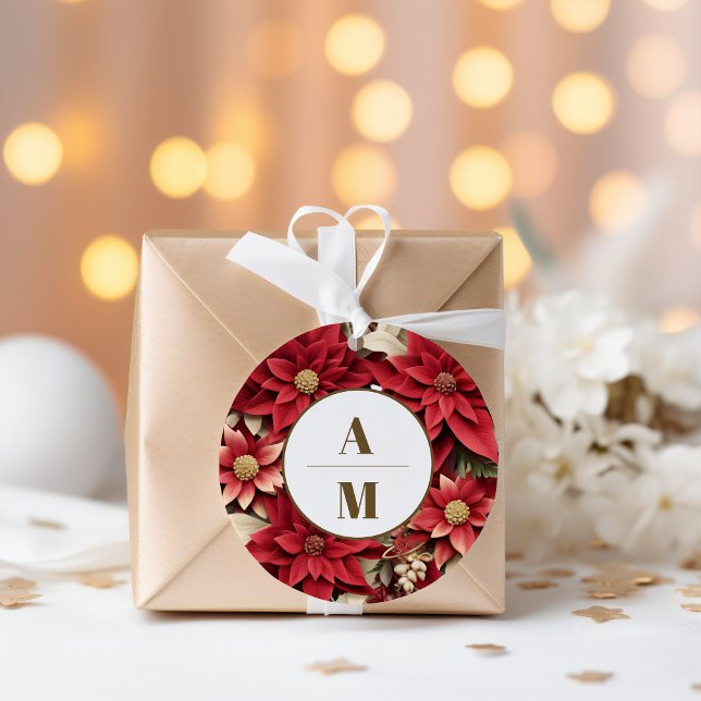 Rustikale Pine Poinsettia Weihnachtsfeier mit Blum Runder Aufkleber (Von Creator hochgeladen)