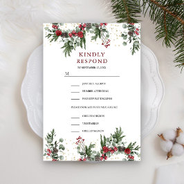 Rustikale Pine Red Floral Weihnachten Hochzeit RSVP Karte
