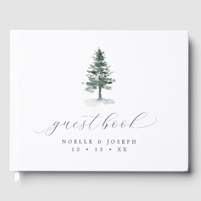Rustikale Pine Tree Calligraphy Wedding Gästebuch (Vorderseite)