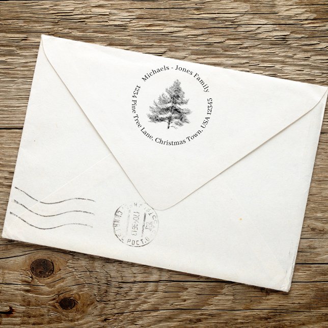 Rustikale Pine Tree Weihnachtsfeier Rücksendeadres Permastempel (Christmas return address self inking stamp.)
