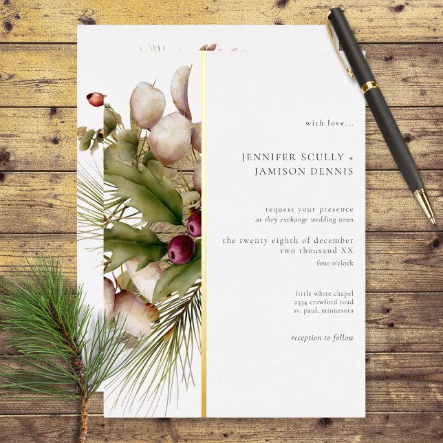 Rustikale Pine Winter Bouquet Wedding Folieneinladung (Also available with a deep red line instead of gold foil.)