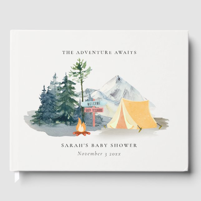 Rustikale Pine Woods Camping Mountain Baby Dusche Gästebuch (Vorderseite)