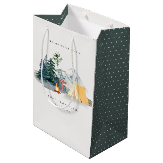 Rustikale Pine Woods Camping Mountain Baby Dusche Mittlere Geschenktüte (Rückseite Schrägansicht)