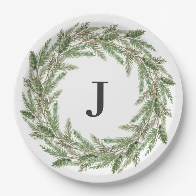 Rustikale Pine Wreath Monogram Holiday Pappteller (Vorderseite)