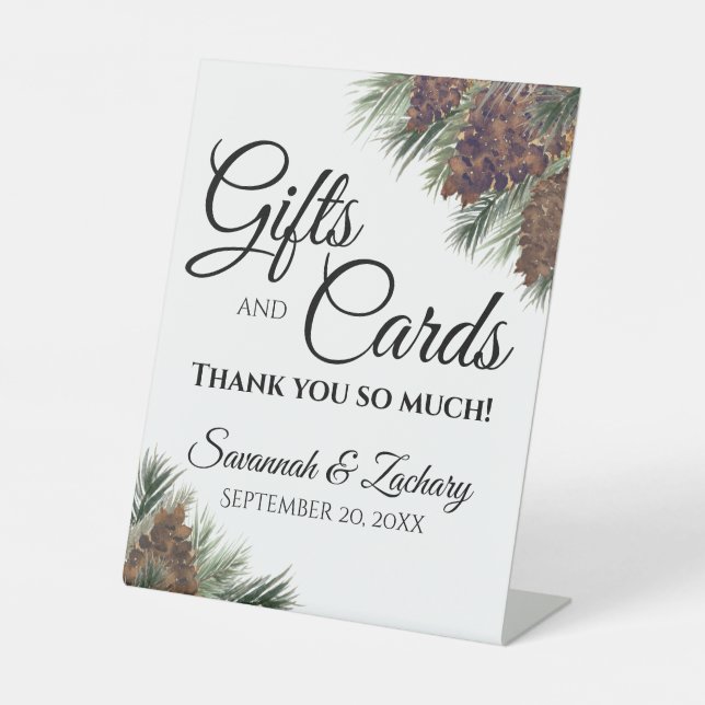 Rustikale Pinecones & Branches Hochzeitsgeschenke  Sockelschild (Vorderseite)