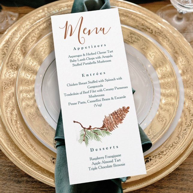 Rustikale Pinecones Pine Needle Empfang Dinner Men Einladung (rustic winter pinecone wedding reception dinner menu terracotta brown green winter wedding colors)