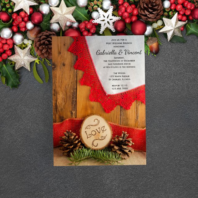Rustikale Pines Red Lace Winter Post Hochzeitsfeie Einladung (Set a festive tone with the Rustic Pines and Red Lace Winter Woodland Post Wedding Brunch Invitation)