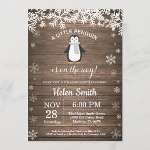 Rustikale Pinguin Winter Snowflake Babydusche Einladung