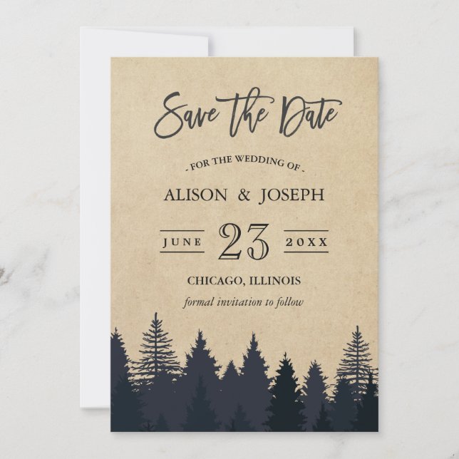 Rustikale Pinienbäume, die Hochzeit, retten das Da Save The Date (Vorderseite)