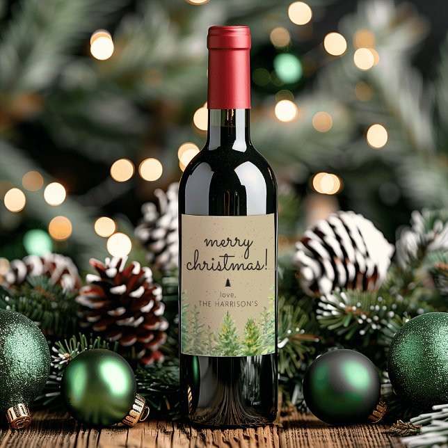 Rustikale Pinienbäume frohe Weihnachten Weinetikett (Rustic Pine Trees Merry Christmas Wine Label)