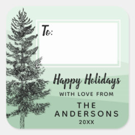 Rustikale Pinienbäume, grüne Geschenkmarke der Fam Quadratischer Aufkleber