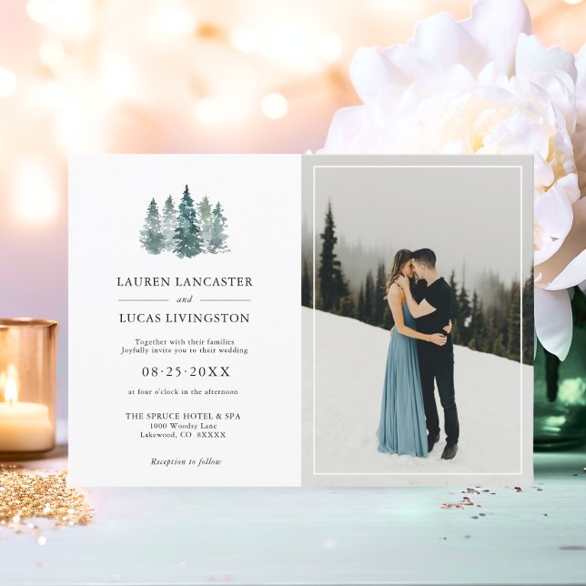Rustikale Pinienbäume Hochzeit dunkelgrün | FOTO Einladung (Wedding Rustic Pine Trees Deep Dark Green  PHOTO Invitation)