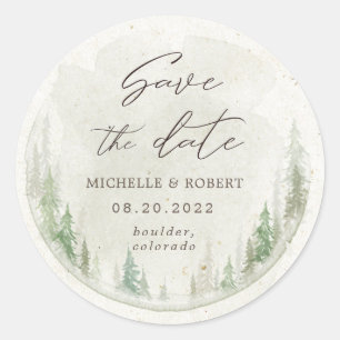 Rustikale Pinienbäume Save the Date Runder Aufkleber
