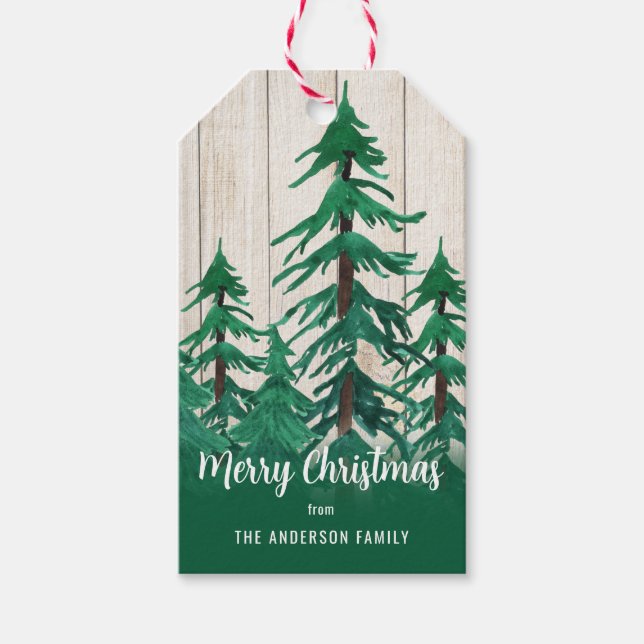 Rustikale Pinienbäume Weihnachten Geschenkanhänger (Vorderseite)