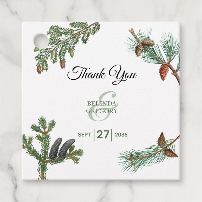 Rustikale Pinienwälder Hochzeit Geschenkanhänger (Vorderseite)