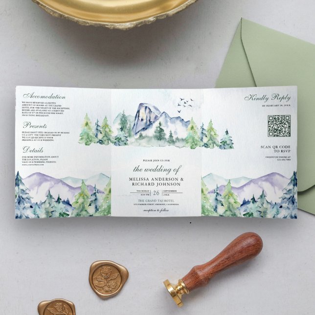 Rustikale Pinienwälder QR Code Hochzeit Dreifach Gefaltete Einladung (Von Creator hochgeladen)