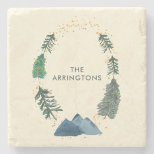 Rustikale Pinienwälder Wasserfarbe mit Namen Steinuntersetzer