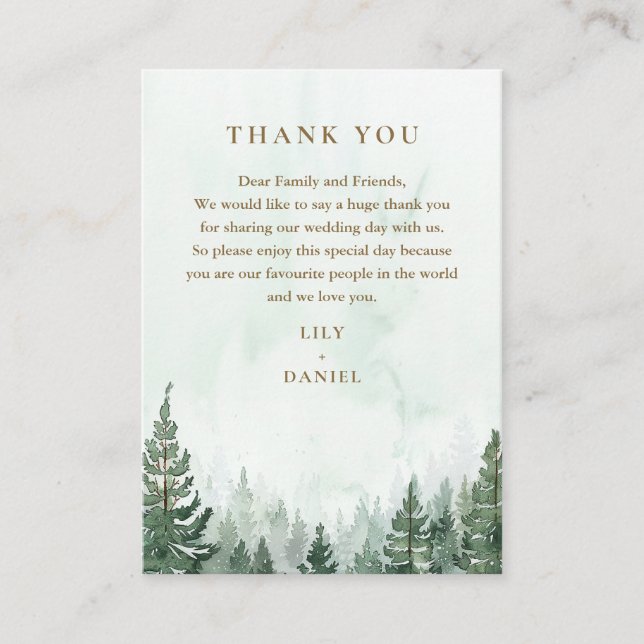 Rustikale Pinienwaldhochzeit Vielen Dank Platzkarte (Vorderseite)