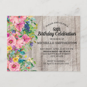 Rustikale Pink Blaue Wasserfarbe Florale 50. Gebur Postkarte