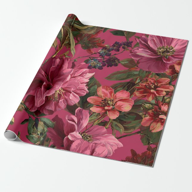 Rustikale Pink Botanische Fette Vintage Boho Blume Geschenkpapier (Ungerollt)