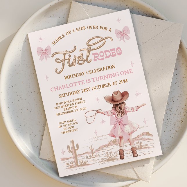 Rustikale Pink Bows Girls First Rodeo 1. Geburtsta Einladung (First Rodeo Invitation, 1st Birthday Invitation Rodeo, My First Rodeo Birthday Invite Template, Pink)