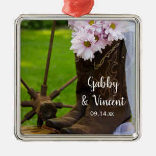 Rustikale Pink Daisies Cowboy Boots Country Weddin Silbernes Ornament