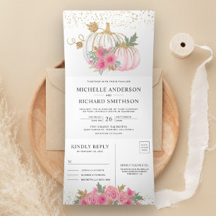 Rustikale Pink-Floral-Weiße Pumpkin-Hochzeit im He Dreifach Gefaltete Einladung
