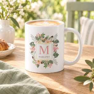Rustikale Pink Gold Blumen Boho Monogramm Tasse