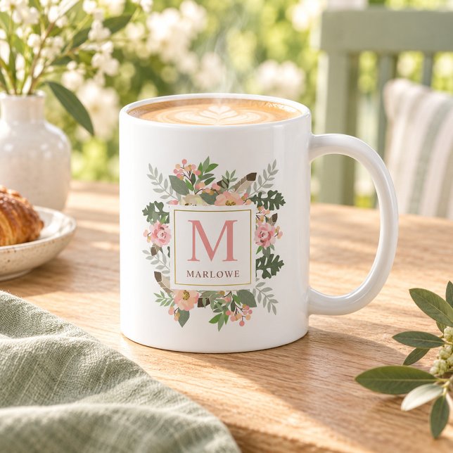 Rustikale Pink Gold Blumen Boho Monogramm Tasse (Von Creator hochgeladen)