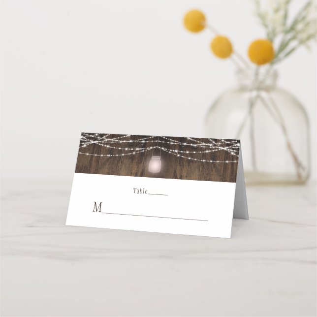 Rustikale Pink Mason Jar String Lights Platzkarten (Vorderseite)