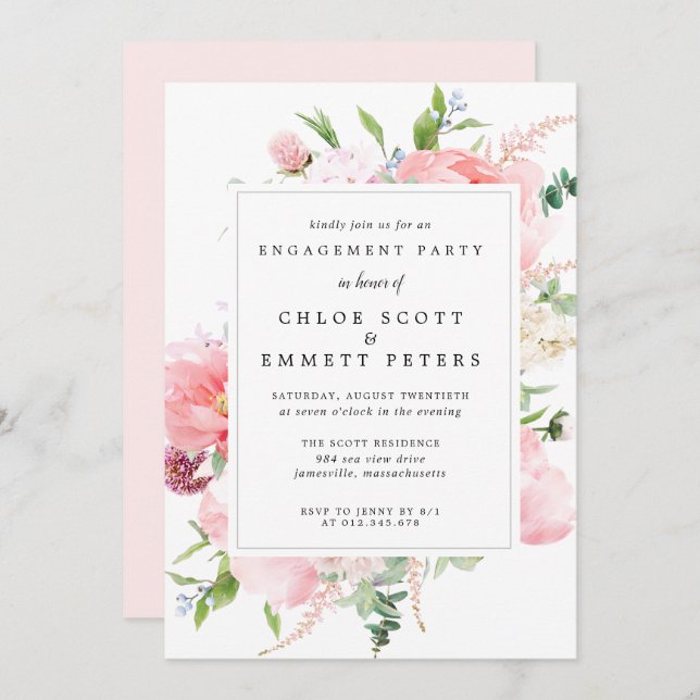 Rustikale Pink Peony Floral Engagement Party Einladung (Vorne/Hinten)