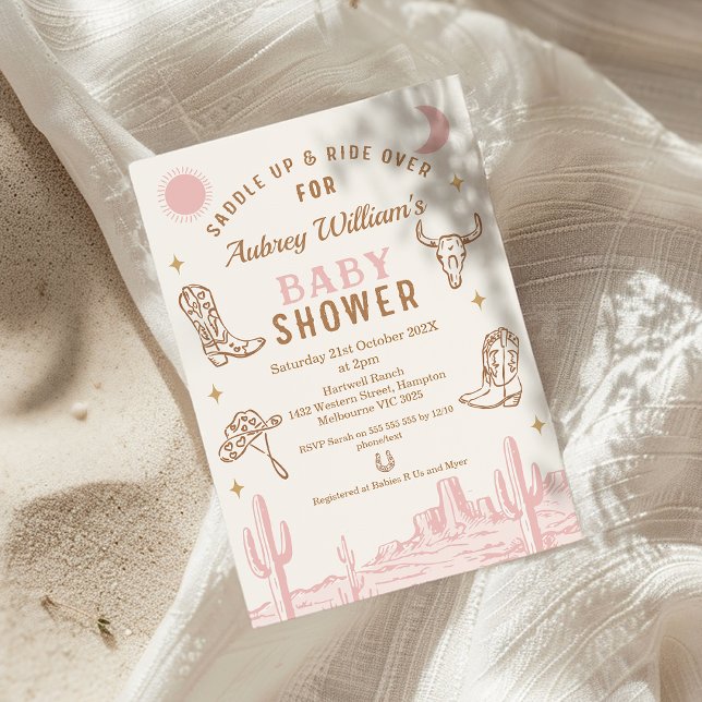 Rustikale Pink Wüste Girls Cowgirl Babydusche Einladung (Girls Cowgirl Baby Shower Invitation, Western Wild West, Southern Country, Rodeo Baby Shower Invite)