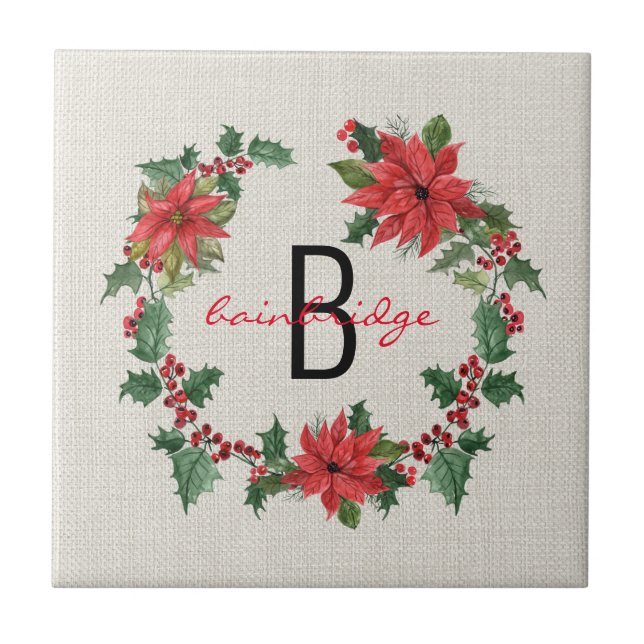 Rustikale Poinsettia & Holly Wreath Mit Monogramm Fliese (Vorderseite)