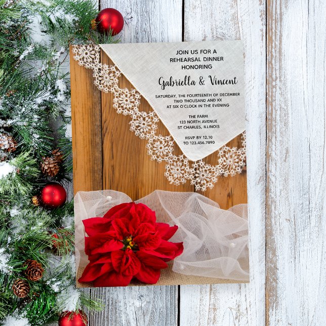 Rustikale Poinsettia Probe Abendessen Einladung (Set a wintery tone for your rustic December wedding rehearsal dinner with this charming invitation.)