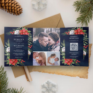 Rustikale Poinsettia QR Code Weihnachten Navy Hoch Dreifach Gefaltete Einladung