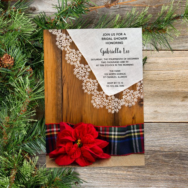Rustikale Poinsettia und Kariertes Winter-Brautpar Einladung (Set a rustic wintery tone for your December barn party bridal shower with this charming invitation.)