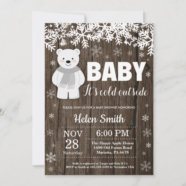 Rustikale Polar Bear Winter Baby Dusche Einladung (Vorderseite)