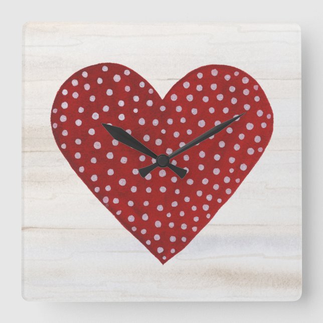 Rustikale Polka Dot Valentine Herz Quadratische Wanduhr (Vorderseite)