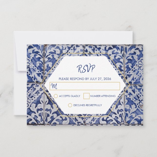 Rustikale portugiesische Tiles Wedding RSVP Cards Karte (Vorderseite)