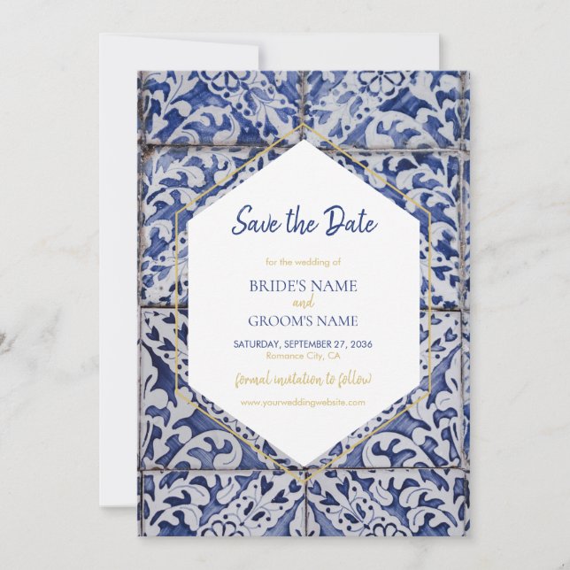 Rustikale portugiesische Tiles Wedding Save The Date (Vorderseite)