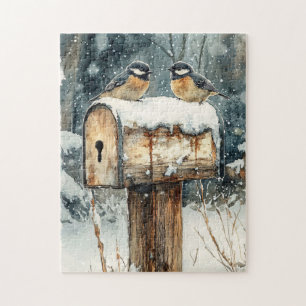 Rustikale Postbox mit Chickadevögeln Puzzle